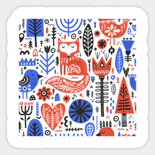 Slavic Folk Pattern with Fox and Bird Sticker by SybaDesign